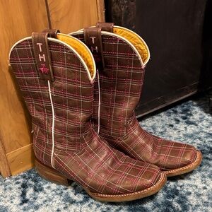 Tin Haul Brown and Pink Plaid Heeled Boots